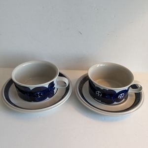 Pair of Vintage Anemone Flat Cups and Saucers by Arabia of Finland